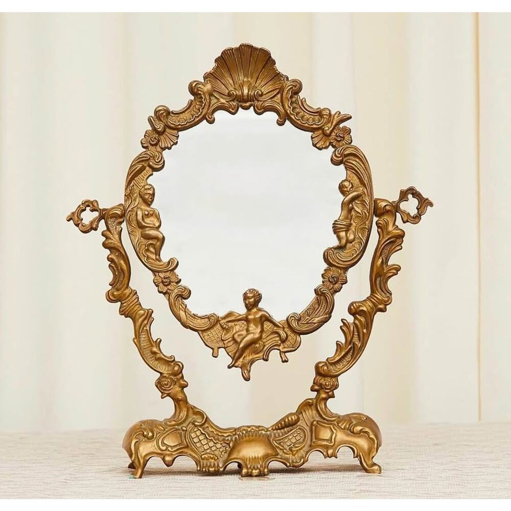 Vintage sold brass cherub antique vanity mirror